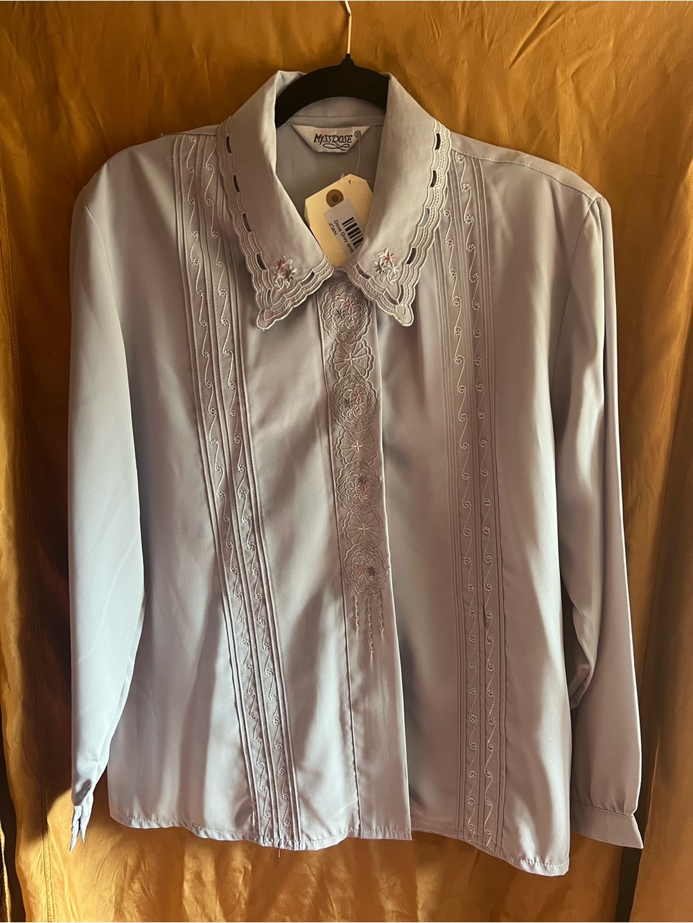 Vintage Dove Grey Embroidered Long-Sleeve Women's Blouse